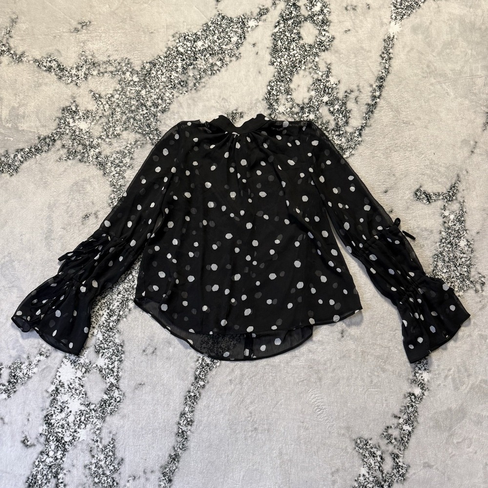 Topshop Blouse Womens Size 2 Black Polka Dot Ruffle Bell Sleeve Crop High Neck